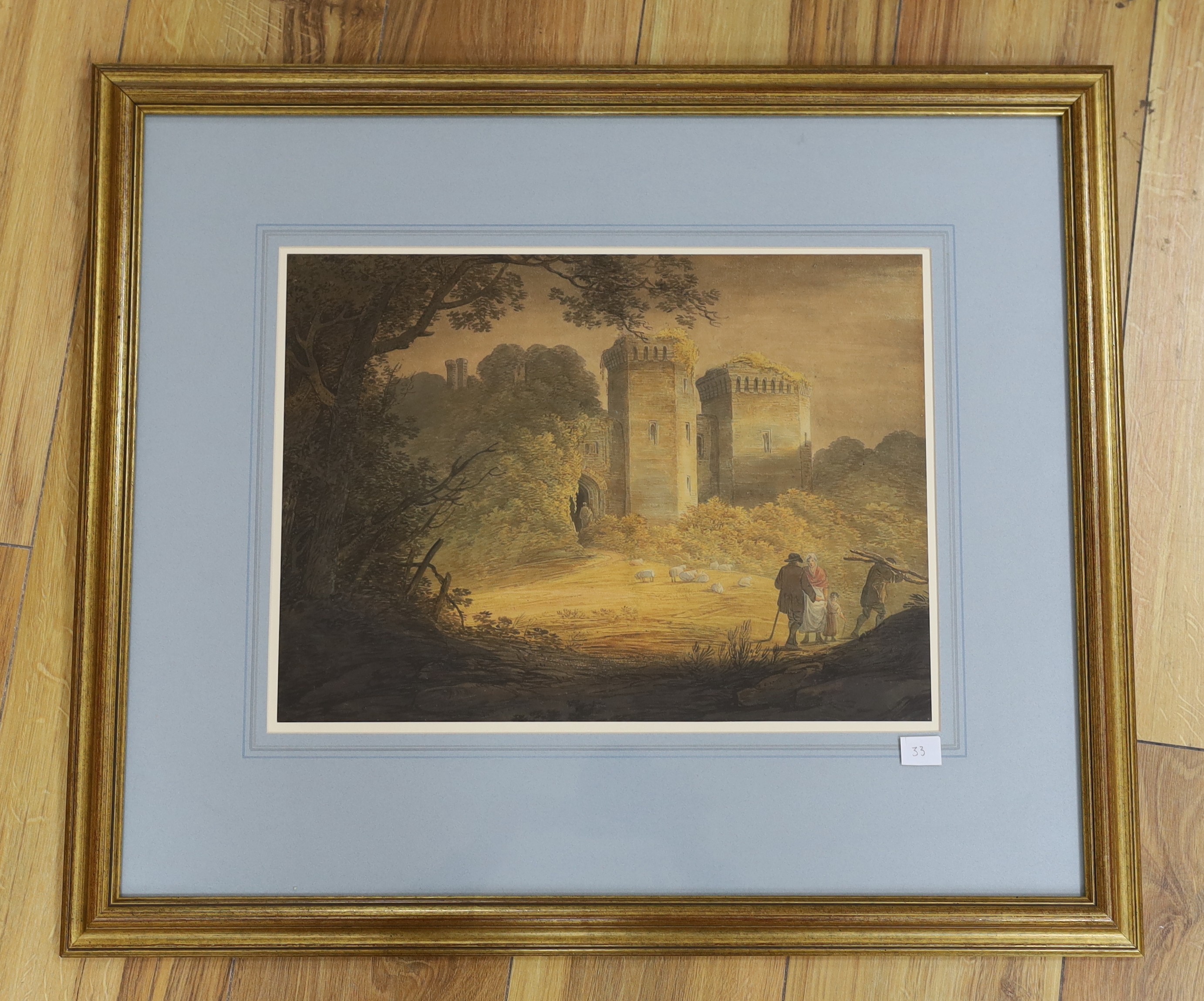 William Payne (1760–1830), watercolour, A view through the woodland, shepherd and wood gatherer, possibly Berry Pomeroy Castle, Devon, 28 x 38cm
